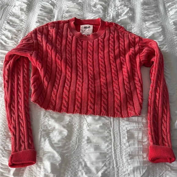aerie Sweaters - Aerie Cropped Cable Knit Sweater - Coral Pink